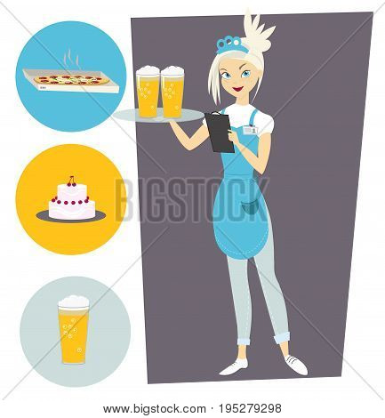 Waitress with a tray and a beer. Set with food objects