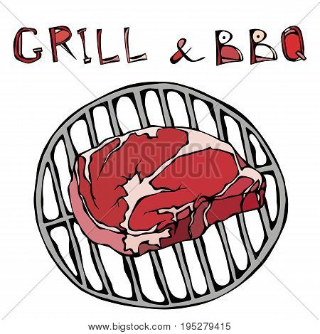 Rib Eye Steak on the Grill for Barbecue. Lettering Grill and BBQ. Isolated On a White Background. Realistic Doodle Cartoon Style Hand Drawn Sketch Vector Illustration.