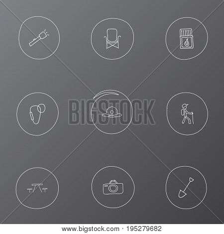 Set Of 9 Editable Trip Icons. Includes Symbols Such As Hiker, Photographing, Beach Hat And More. Can Be Used For Web, Mobile, UI And Infographic Design.