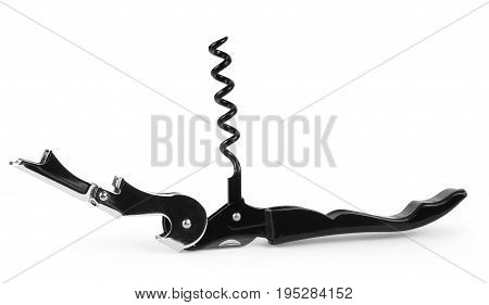 Corkscrew isolated on white background / corkscrew on white wooden table background / Wine stains cork and corkscrew on paper. Horizontal format.