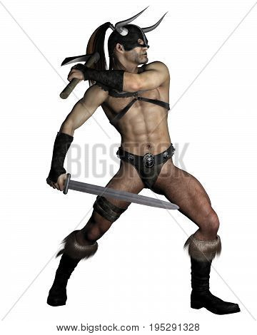 Fantasy illustration of an old muscular barbarian warrior with sword and axe in a fighting pose, digital illustration (3d rendering)