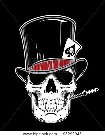 Skull of gentleman in cylinder smoking a cigarette