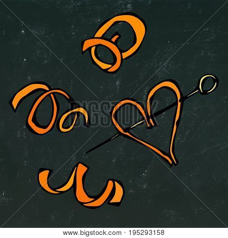Orange Peel Spiral. Realistic Hand Drawn Doodle Style Sketch.Vector Illustration Isolated on a Black Chalkboard Background. Realistic Hand Drawn Doodle Style Sketch.