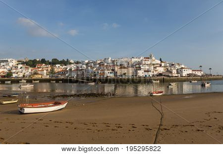 FERRAGUDO, PORTUGAL - APRIL 24, 2017: Picturesque view of Ferragudo fishing village in Algarve, Portugal