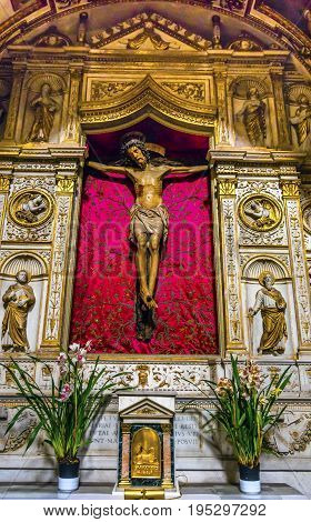 ROME, ITALY - JANUARY 18, 2017 Christ Crucifixion Santa Maria Della Pace Church Basilica Rome Italy. Church built in 1400 and 1500s by Pope Sixtus IV on the spot where a painted Madonna was pierced and blood came out.