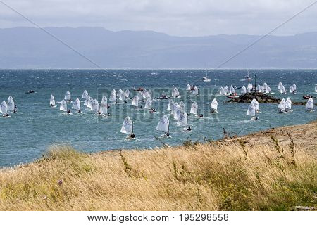 23 July 2015, Young sailors from around the World compete at the 2015 European Optimist Sailing Championships, held at the Welsh National Sailing Centre, Plas Heli, Wales. 