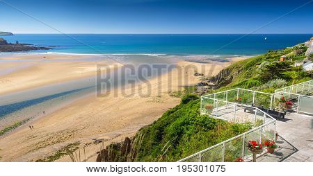 Strait between the Burgh Island and bigbury-on-sea at low tide. View from the cozy balcony. Devon. England