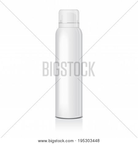 Blank deodorant spray for women or men. Vector mock up template of white metal bottle with transparent cap for your design