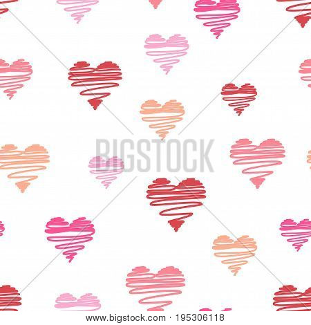 Hand-drawn Doodle Hearts Seamless Vector Pattern. Multicolored Abstract Hearts On A White Background