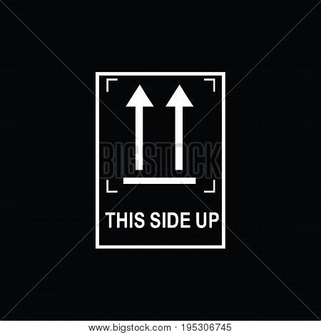 Packaging symbols (This side up icon). Fragile cardboard black signs isolated on a black background. Stock vector illustration