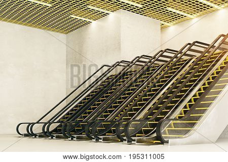 Side view of six new escalators in concrete interior with creative ceiling. Modern shopping center concept. 3D Rendering