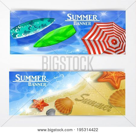 colorful umbrella floating surfing boards and water top view banner set vector illustration