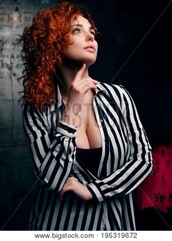 Fashion Portrait. Curly Hair Girl in Interer.