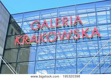 KRAKOW POLAND - JUNE 2017: logo of Galeria Krakowska shopping center.