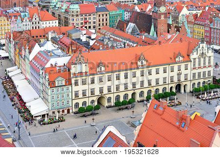 WROCLAW POLAND - JUNE 2017: Aerial view of a Market Square in Wroclaw Poland. The famous tourist sight. Kind for a postcard.