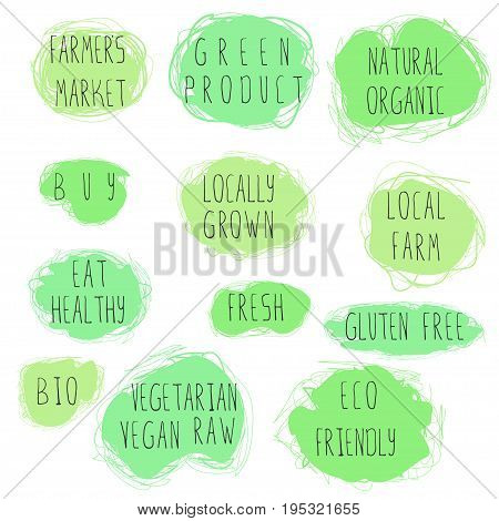 Eco food emblem set. Stock vector illustration of hand drawn lettering on ecological and vegan theme on grungy green spots for ads and banners.