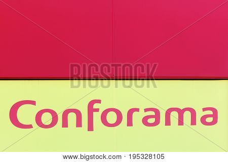 Saint Priest, France - June 18 2017: Conforama logo on a wall. Conforama is Europe's second largest home furnishings retail chain with over 200 stores in France. Conforama is also sponsor for Ligue 1 football in France