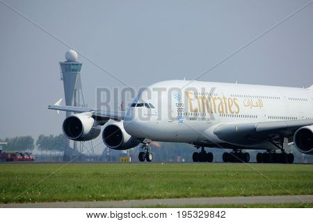 Amsterdam the Netherlands - May 6th 2017: A6-EEX Emirates Airbus A380-800 takeoff from Polderbaan runway Amsterdam Schiphol Airport