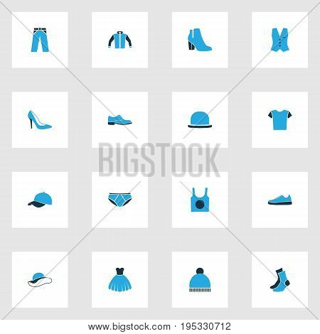 Garment Colorful Icons Set. Collection Of Trousers, Panties, Panama And Other Elements. Also Includes Symbols Such As Beanie, Vest, Underwear.