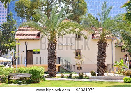 TEL AVIV ISRAEL - APRIL 2017: View of Sarona market in Tel Aviv Israel. Sarona market is based in the former German Templer district of Tel Aviv.