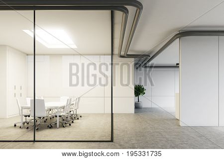 Close up of a glass meeting room with a poster hanging on a gray wall. Glass walls a long table with white chairs around it. 3d rendering mock up