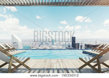 Wooden pier with rows of white and wooden deck chairs near a pool. Wooden ceiling and floor. Ocean. Cityscape. 3d rendering mock up