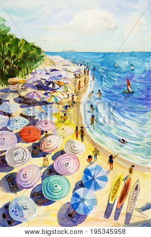 Painting watercolor seascape colorful of lovers family vacation and tourism in summery sea wave blue sail boat with sky background. Painted Impressionist abstract image illustration.