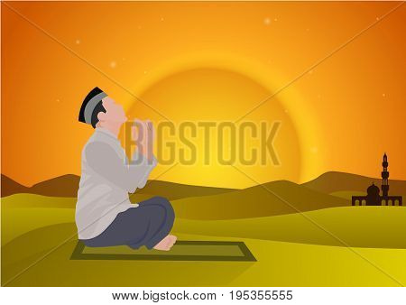 abstract man praying with sunset background vector