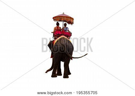 Tourists on an elephant ride tour of the ancient city Ayutaya thailand