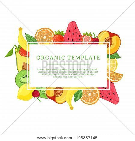 Banner design template with fruit decoration. Rectangular frame with the decor of healthy, juicy fruit. Card with space for text on the background natural summer vegeterian food. Vector