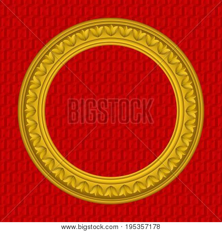 Decorative vector golden round retro picture frame on red background