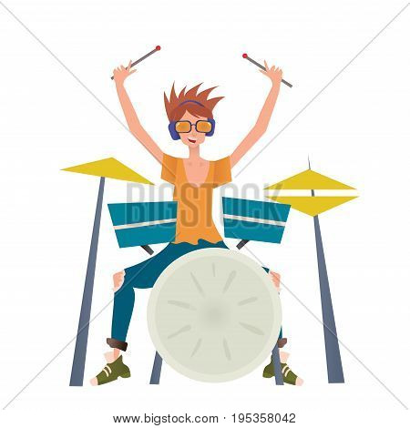 Young man playing drum set. Drummer, percussion musician. Vector illustration, isolated on white background.