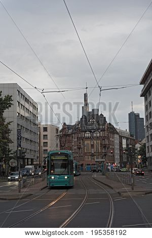 FRANKFURT, GERMANY-JULY 14, 2017: Evening mood on the hanauer Landstraße in the Ostend, Frankfurt, Germany