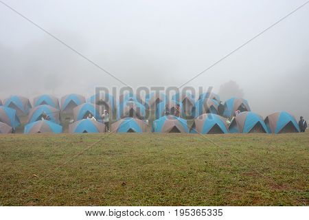 Nan, Thailand- December 17 2016: People camping on the mountain called Doi Samer Dao National Park in Nan Province north of Thailand during the cool season