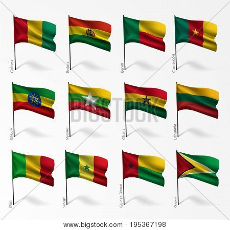 Collection set of flags of world on flagpole