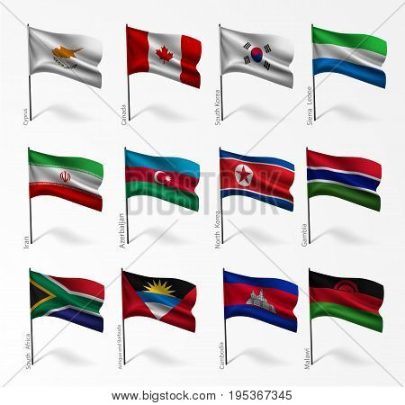 Collection set of flags of world on flagpole