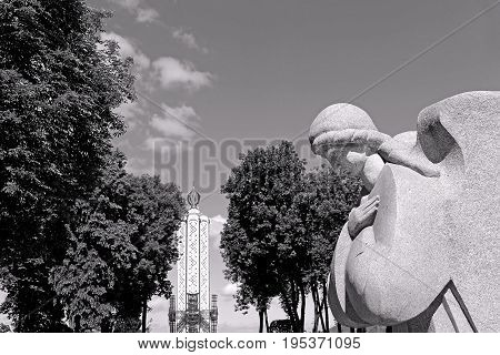 Monument to the millions of victims of the Great Famine in 1932-1933 in Kyiv, Ukraine. Black and white filter