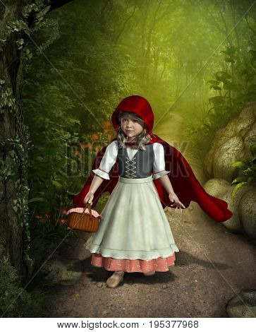 3D rendering of Little Red Riding Hood walking through an enchanted forest.
