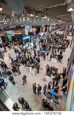 HANNOVER GERMANY - MARCH 15 2016: Hall 2 at CeBIT information technology trade show in Hannover Germany on March 15 2016.