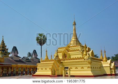 Beautiful Golden Pagoda In Shwe Sar Yan Buddhist Complex In Thaton,  Myanmar (burma).