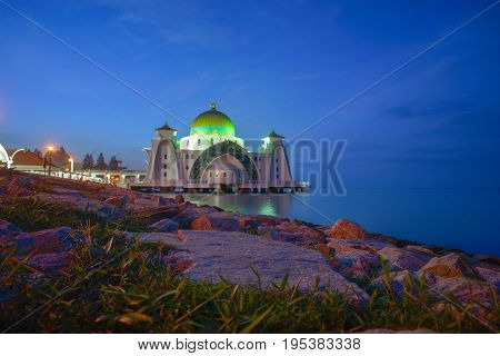 Majestic View Of Malacca Straits Mosque During Sunset