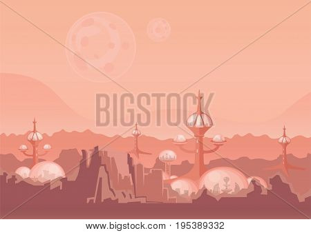 The city of the future, a space colony. Human settlement with futuristic buildings on Mars or another planet. Vector illustration.