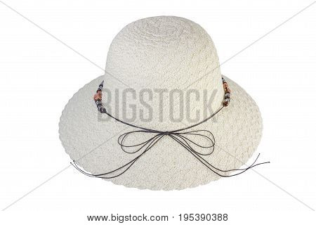 Woven hats decorated with brown leather rope, isolated on a white background.