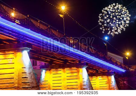 Firework Over Bridge Night City Reflected In Water Uzhorod