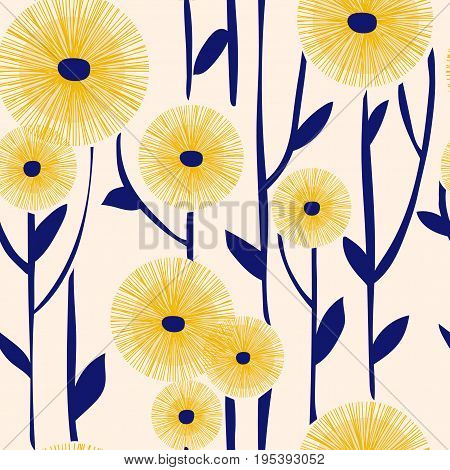 Retro Floral Seamless Background Pattern With Yellow Dandelions With Blue Stems With Leaves. Illustr