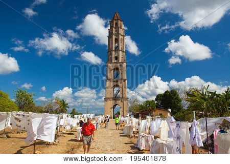 Manaca Iznaga Cuba - January 29 2017: Typical Cuban market near the Manaca Iznaga old slavery tower near Trinidad Cuba. The Manaca Iznaga Tower is the tallest lookout tower ever built in the Caribbean sugar region.