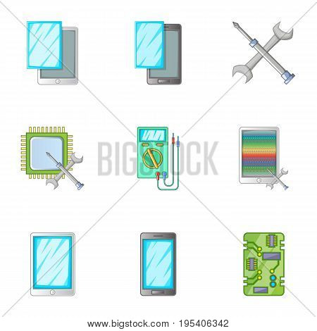 Phone repair servise icons set. Cartoon set of 9 phone repair servise vector icons for web isolated on white background