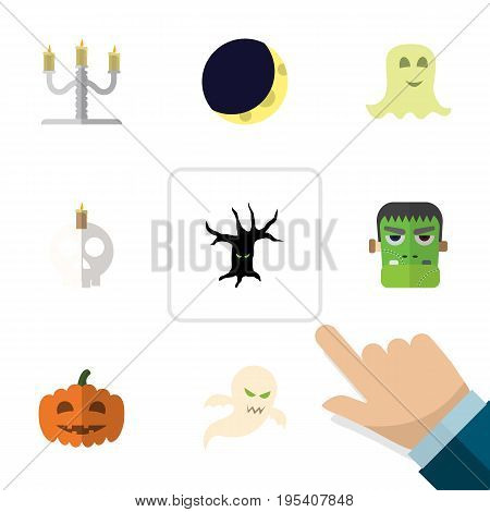 Flat Icon Halloween Set Of Cranium, Candlestick, Gourd Vector Objects. Also Includes Candelabrum, Spirit, Specter Elements.