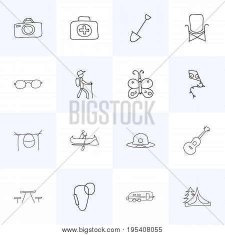 Set Of 16 Editable Travel Icons. Includes Symbols Such As Camper, Shovel, Photographing And More. Can Be Used For Web, Mobile, UI And Infographic Design.