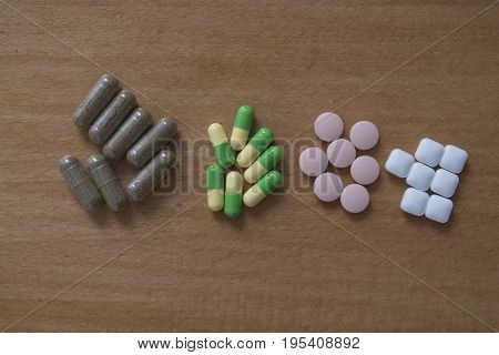 Drug pills in various shape and sizes on wooded table space for text